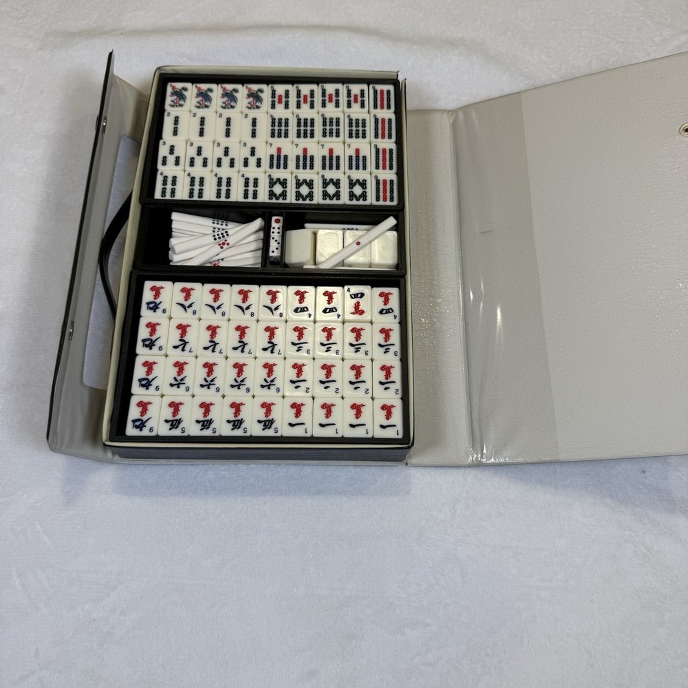 Vintage Travel Mahjong Set Bamboo Backed Tiles Portable Case Sticks Dice